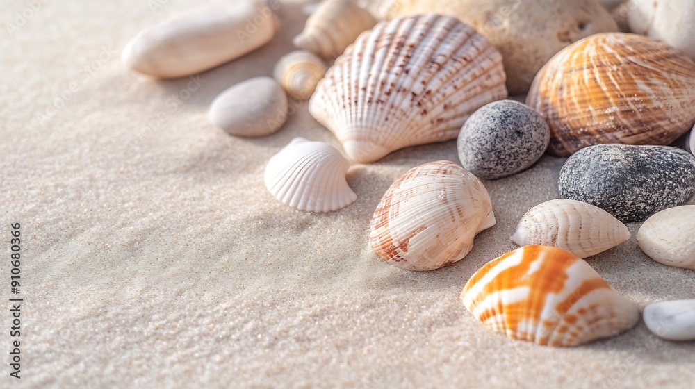 Sea shells and stones on beautiful tropical summer sand beach : Generative AI Sea shells and stones on beautiful tropical summer sand beach : Generative AI