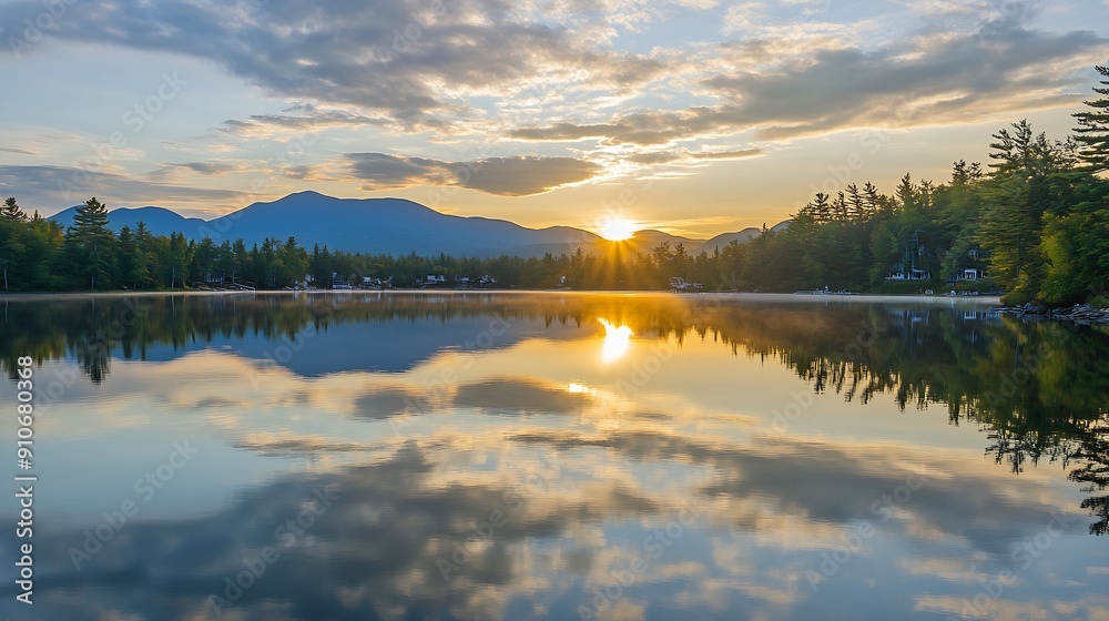 Sunrise at Mirror Lake in Lake Placid New York : Generative AI Sunrise at Mirror Lake in Lake Placid New York : Generative AI