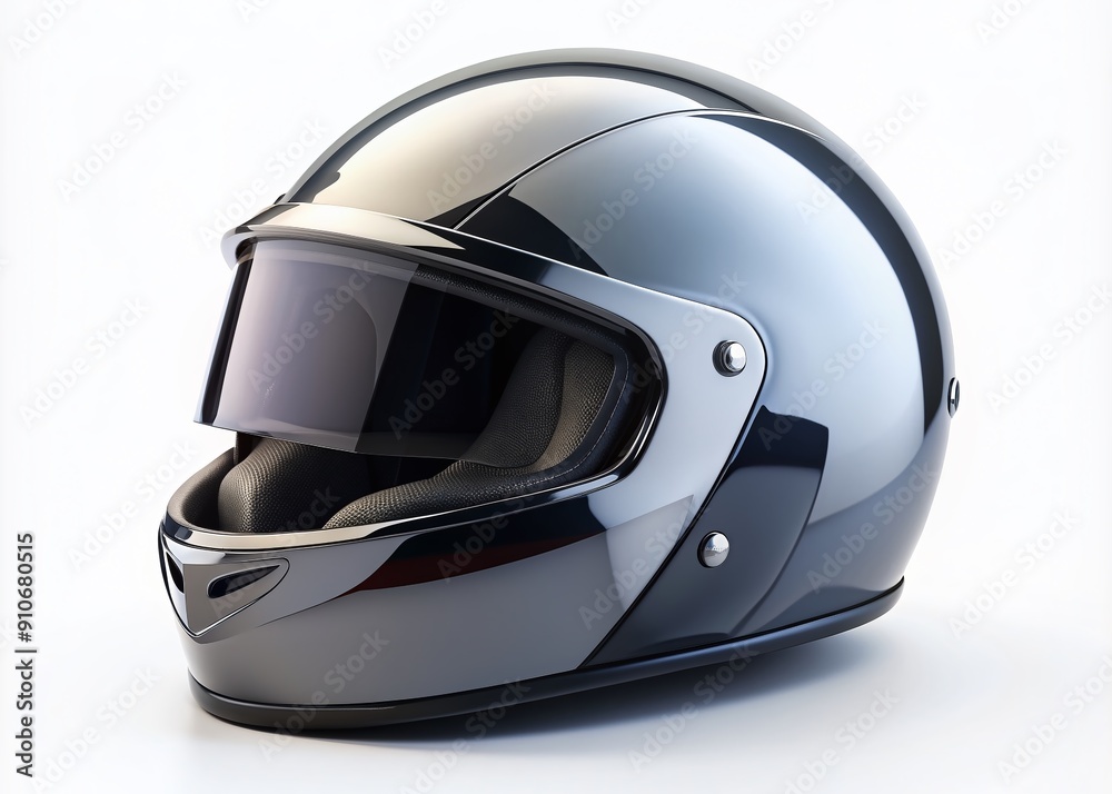High-angled view of a sleek, modern helmet with glossy finish and curved visor, sitting upright on a pristine white background, free from shadows.