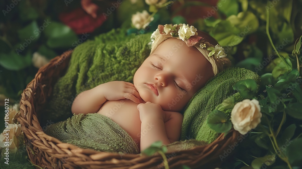 Obraz premium Little charming newborn girl sleeps in a basket under a flower Studio shot of a sevendayold newborn baby Beginning of life Child with head decoration : Generative AI