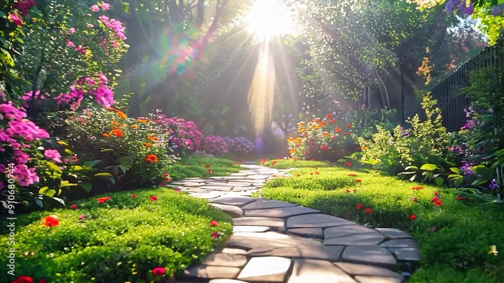 Tranquil garden with blooming flowers, natural light, peaceful atmosphere Tranquil garden with blooming flowers, natural light, peaceful atmosphere