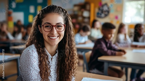 Portrait of female smiling teacher looking at camera at the lesson in junior high school Schoolchildren and classmates sitting at the desks and working in classroom Education and knowl : Generative AI photo