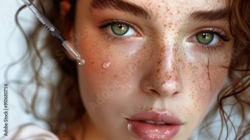 Obraz na płótnie Beautiful model woman applying serum on her face with a pipette w salonie