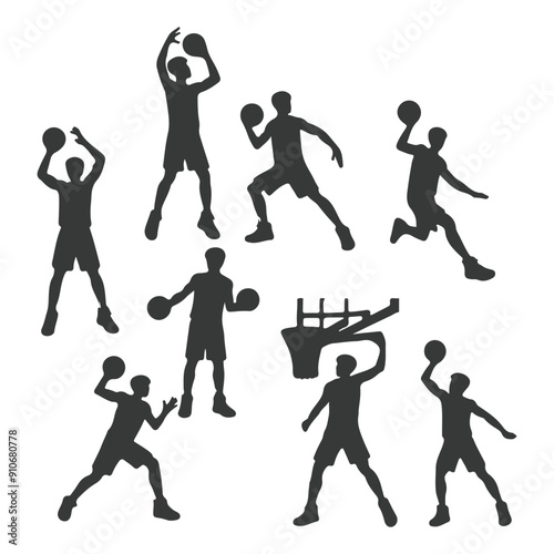 Vector set of silhouettes of basketball players, Basketball silhouettes. Man basketball player silhouette vector