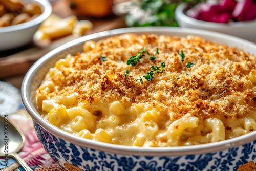 Rich and creamy mac and cheese with a crunchy breadcrumb topping served on a colorful dining table