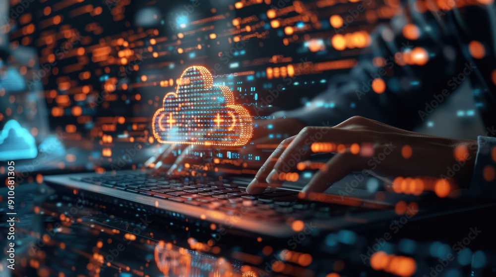 Cloud Computing Concept: Person Using Laptop with Binary Code Cloud Graphic Cloud Computing Concept: Person Using Laptop with Binary Code Cloud Graphic
