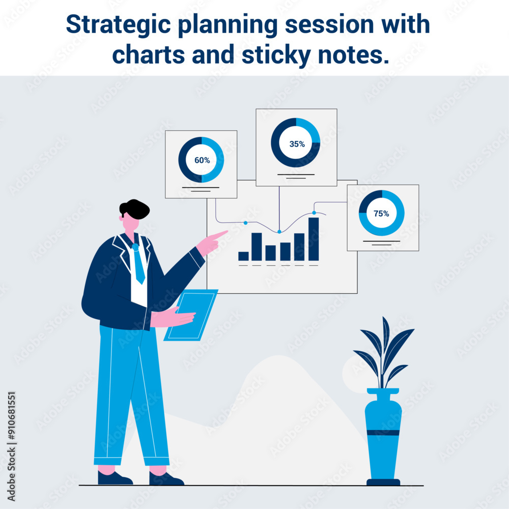 Strategic planning session with charts and sticky notes illustration Strategic planning session with charts and sticky notes illustration