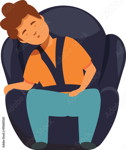 Young boy is sleeping soundly in a car seat, secured by a safety harness, suggesting a comfortable and safe journey