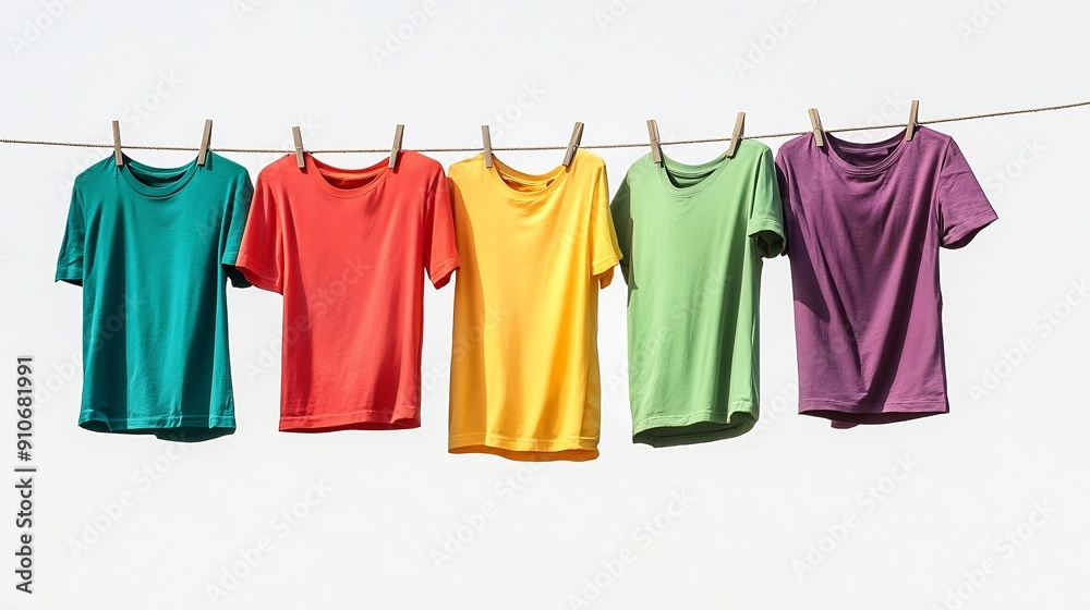 Colorful tshirts drying on washing line isolated on white : Generative AI Colorful tshirts drying on washing line isolated on white : Generative AI