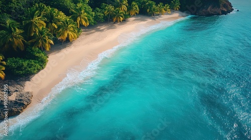 Tropical beach with palm trees, white sand, and turquoise water, view by drone, generative ai