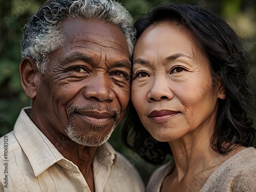 Portrait of a couple of black man from Africa and white woman from Asia, individuals of different races