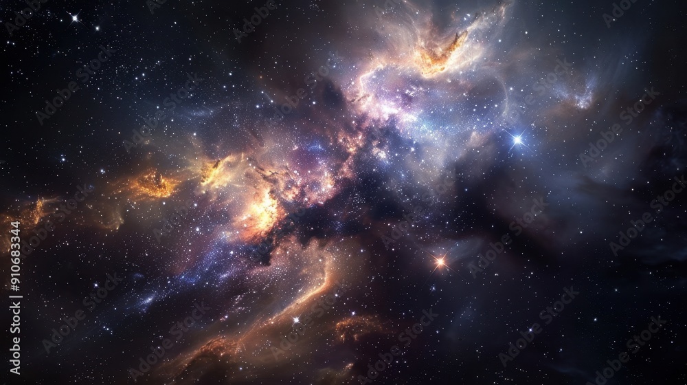 Obraz premium A stunning depiction of a distant galaxy featuring swirling stars, vibrant nebulae, and colorful cosmic dust in the vastness of space.