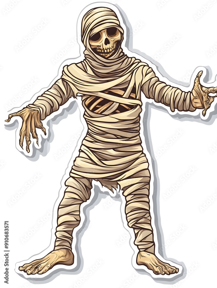 A creepy mummy figure with a skeleton for a head A creepy mummy figure with a skeleton for a head