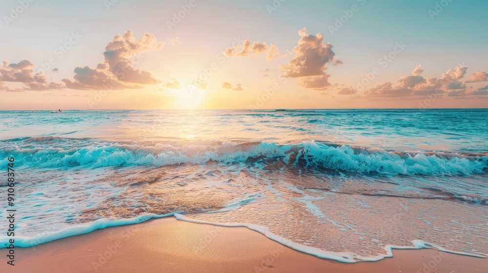Blue Ocean Wave Crashing on Sandy Beach at Sunset Blue Ocean Wave Crashing on Sandy Beach at Sunset