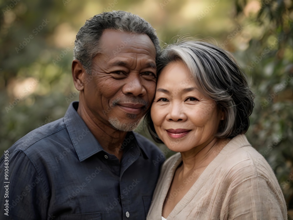 Portrait of a couple of black man from Africa and white woman from Asia, individuals of different races Portrait of a couple of black man from Africa and white woman from Asia, individuals of different races