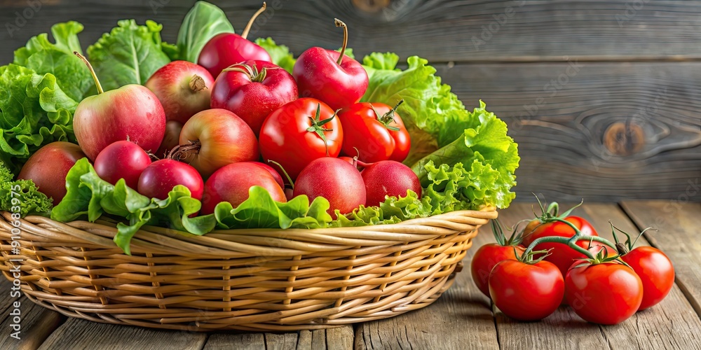 Fresh basket of apples, tomatoes, and radishes on lettuce bed , fresh, basket, apples, tomatoes, radishes, lettuce, bed Fresh basket of apples, tomatoes, and radishes on lettuce bed , fresh, basket, apples, tomatoes, radishes, lettuce, bed