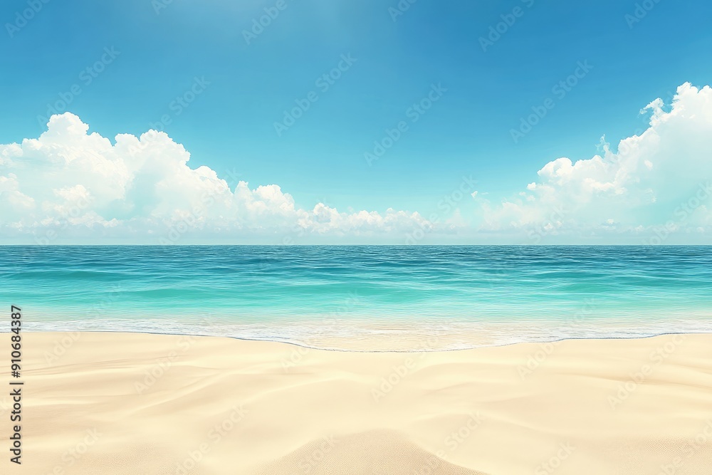 Sandy Beach and Turquoise Ocean Under a Blue Sky with White Clouds Sandy Beach and Turquoise Ocean Under a Blue Sky with White Clouds