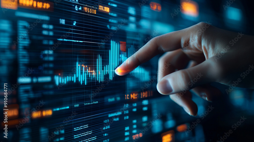 A close-up of a hand interacting with a digital interface, showcasing data analysis and technology in action. A close-up of a hand interacting with a digital interface, showcasing data analysis and technology in action.