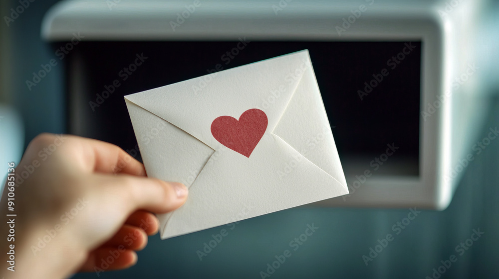 A hand holding a love letter with a heart symbol, ready to be posted in a mailbox, symbolizing romance and connection. A hand holding a love letter with a heart symbol, ready to be posted in a mailbox, symbolizing romance and connection.