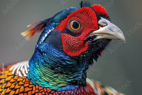 Ringneck Pheasant (Phasianus colchicus) male close up, Generative AI  photo