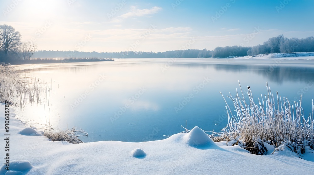 A serene winter scene featuring a pristine icyblue lake with a snowcovered shore The tranquil beauty of nature captured in the midst of winter : Generative AI A serene winter scene featuring a pristine icyblue lake with a snowcovered shore The tranquil beauty of nature captured in the midst of winter : Generative AI