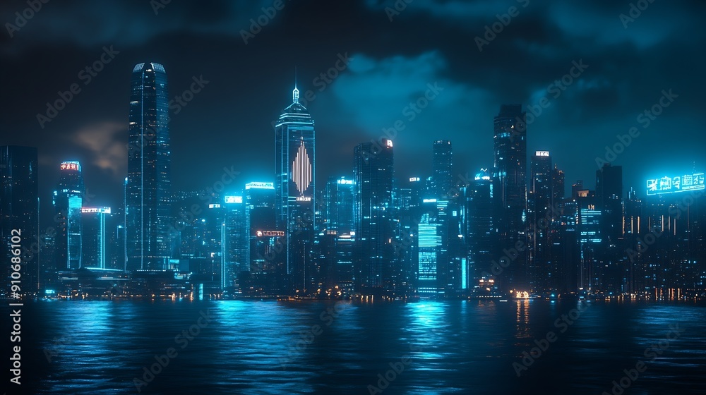 Obraz premium Beautiful light trials effect on Hong Kong skyscape at night : Generative AI