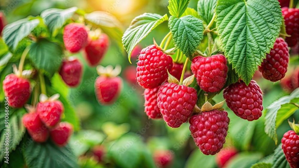 Close-up of red raspberries with green leaves in an organic garden, raspberries, red, close-up, organic, garden, fruit Close-up of red raspberries with green leaves in an organic garden, raspberries, red, close-up, organic, garden, fruit