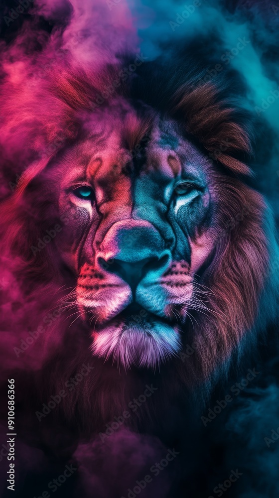 Lion in vibrant colored smoke, close-up Lion in vibrant colored smoke, close-up