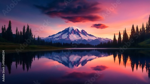 Beautiful sunset over MT Rainier with reflection viewing from Tipsoo lake MT Rainier National Park Washington : Generative AI photo