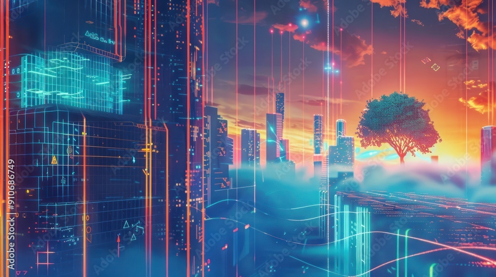 Fototapeta premium Cyberpunk Cityscape with a Lonely Tree