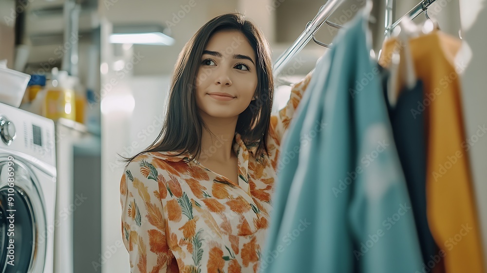 Hispanic Rack Young beautiful hispanic woman holding clothes on rack at laundry room ...