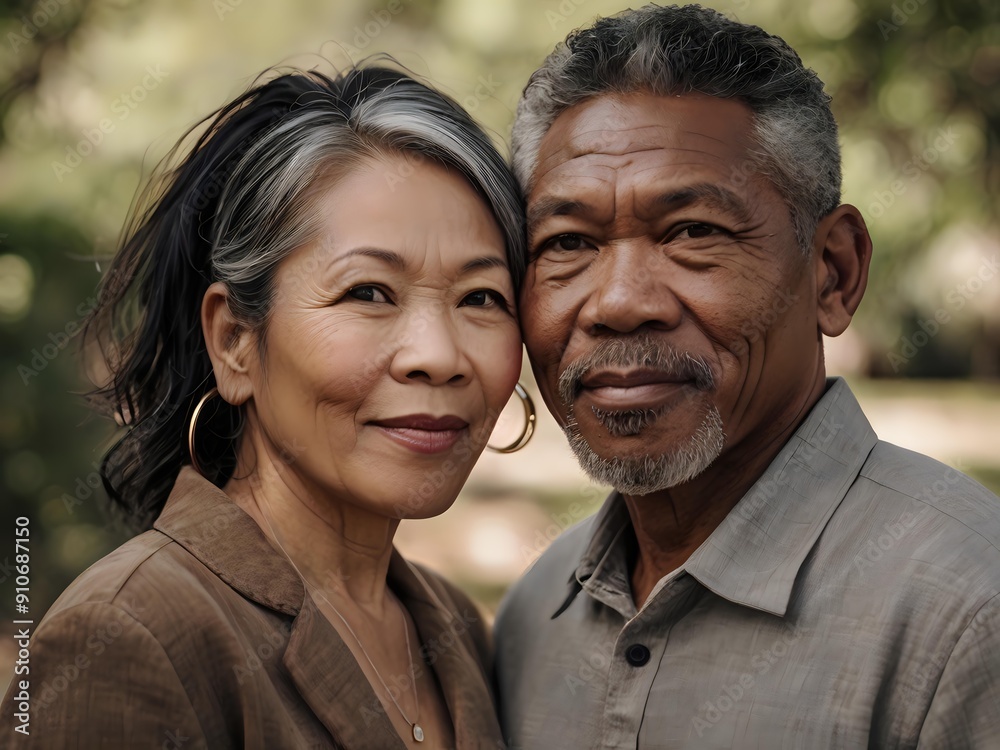 Portrait of a couple of black man from Africa and white woman from Asia, individuals of different races Portrait of a couple of black man from Africa and white woman from Asia, individuals of different races