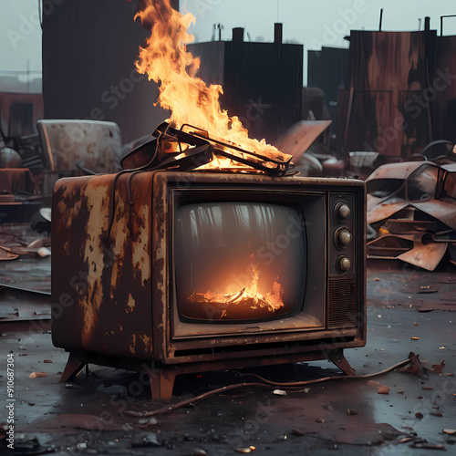 a little homless a television in flames in a toxic wasteland, natural rust and grime detail, rustic sophistication. rain, night, a photo