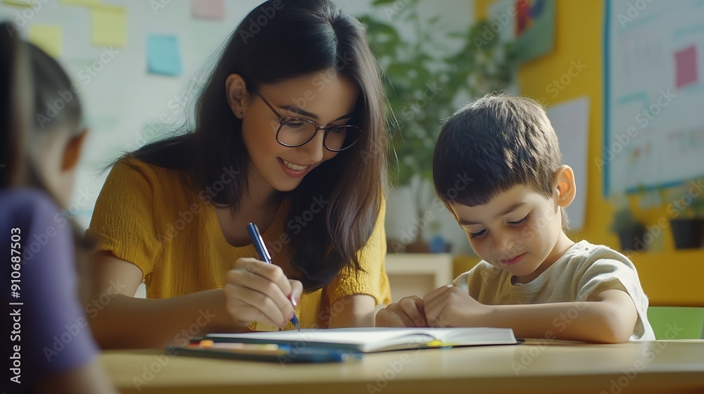 Teacher woman and help child writing in notebook for education study or knowledge in class Kid happy educator and student learning in lesson for development or assistance at kindergart : Generative AI