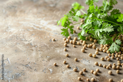 Coriander seeds arranged on the table.