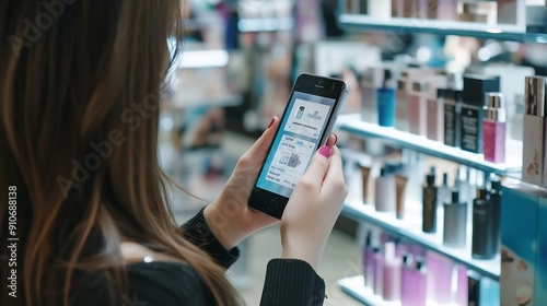 Phone shopping and woman with product in store for cosmetics beauty or customer at sale for discount Retail promotion and girl scan barcode in mall for skincare makeup or online price  : Generative AI