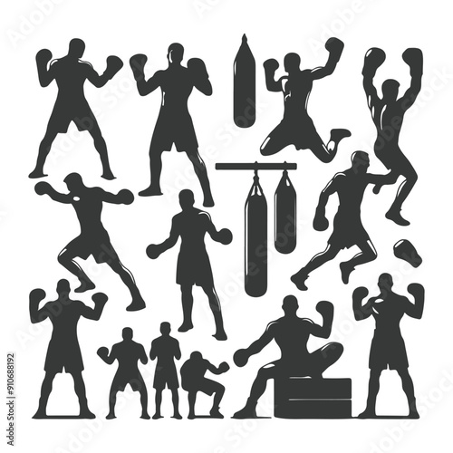 Man doing boxing moves exercise. Jab Cross Hook and Uppercut movement. Shadow boxing. Flat vector illustration isolated on white background, Boxing Silhouettes 