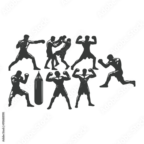 Man doing boxing moves exercise. Jab Cross Hook and Uppercut movement. Shadow boxing. Flat vector illustration isolated on white background, Boxing Silhouettes 