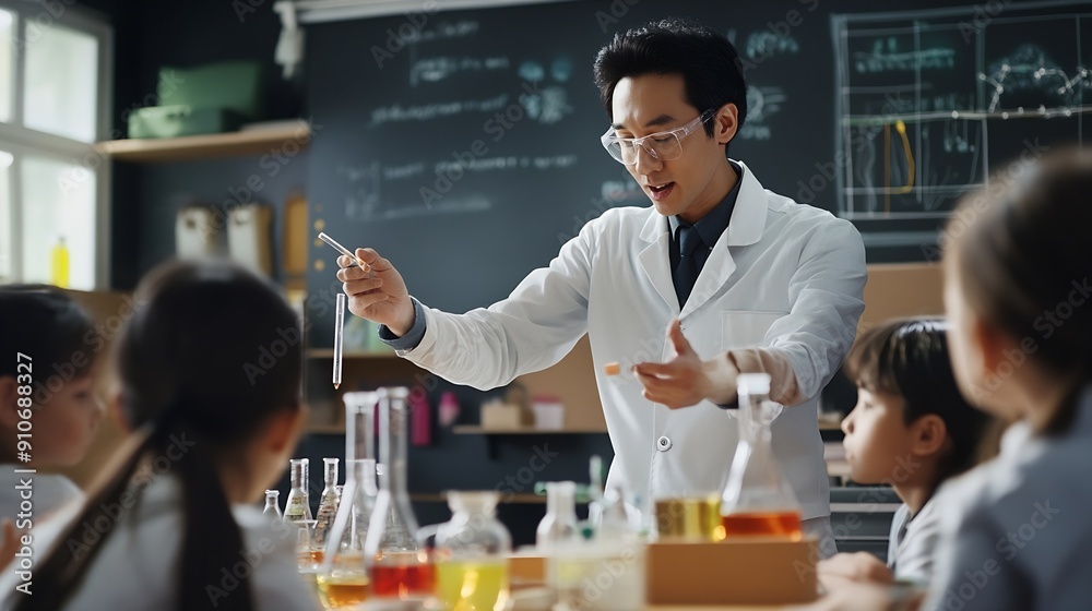 In school asian male teacher explaining to diverse students and doing a science experiment : Generative AI In school asian male teacher explaining to diverse students and doing a science experiment : Generative AI