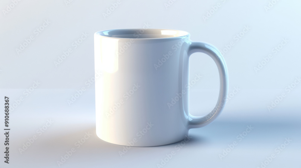 A 3D rendered white ceramic mug, tilted slightly, centered against a gradient light blue to white background A 3D rendered white ceramic mug, tilted slightly, centered against a gradient light blue to white background