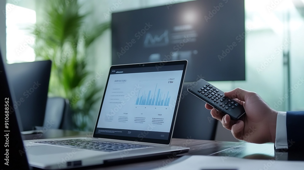 Businessman hand hold remote control slide with mock up chart slide show presentation on display laptop and television in meeting room : Generative AI Businessman hand hold remote control slide with mock up chart slide show presentation on display laptop and television in meeting room : Generative AI