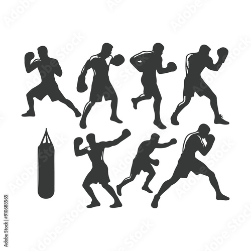 Man doing boxing moves exercise. Jab Cross Hook and Uppercut movement. Shadow boxing. Flat vector illustration isolated on white background, Boxing Silhouettes 