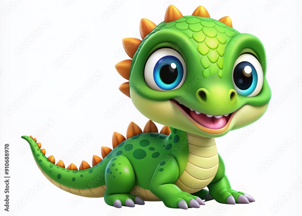 Fototapeta premium Adorable baby dinosaur cartoon character with bright green scales, big eyes, and a cheeky grin, showcasing a playful and curious personality in a playful pose.