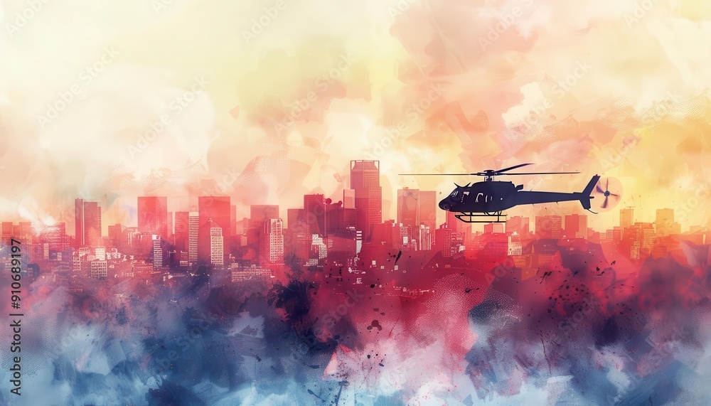 Helicopters hovering above city close up, focus on, copy space with vibrant watercolor hues Double exposure silhouette with skyline Helicopters hovering above city close up, focus on, copy space with vibrant watercolor hues Double exposure silhouette with skyline