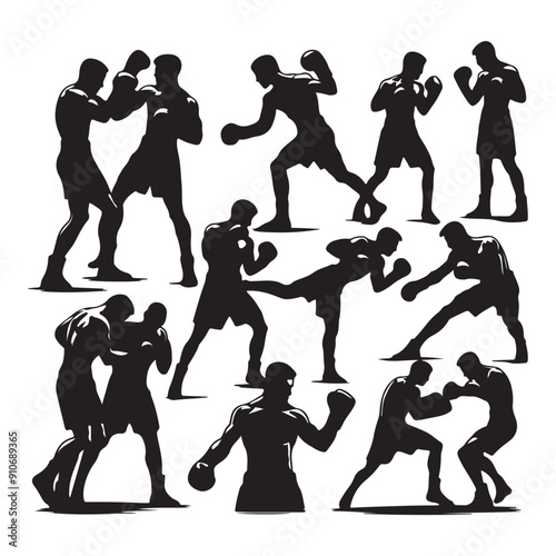 Man doing boxing moves exercise. Jab Cross Hook and Uppercut movement. Shadow boxing. Flat vector illustration isolated on white background, Boxing Silhouettes 