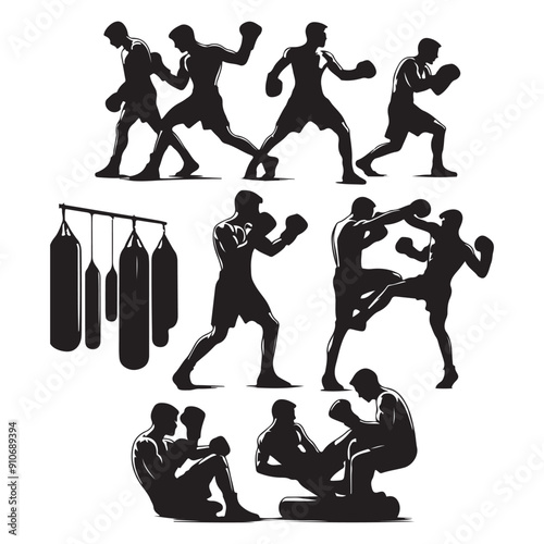 Man doing boxing moves exercise. Jab Cross Hook and Uppercut movement. Shadow boxing. Flat vector illustration isolated on white background, Boxing Silhouettes 