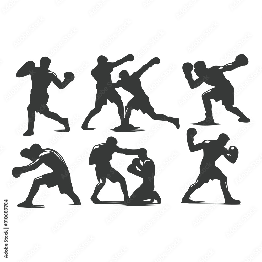 Fototapeta premium Man doing boxing moves exercise. Jab Cross Hook and Uppercut movement. Shadow boxing. Flat vector illustration isolated on white background, Boxing Silhouettes 