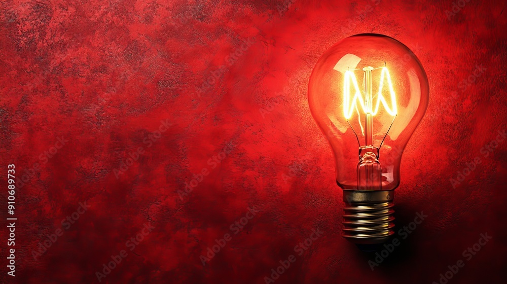 Glowing incandescent light bulb on textured red Glowing incandescent light bulb on textured red