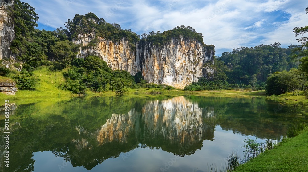 Mirror lake in Ipoh Perak Malaysia The lake surrounded by limestone mountains with almost vertical slope and covered by greeneries : Generative AI Mirror lake in Ipoh Perak Malaysia The lake surrounded by limestone mountains with almost vertical slope and covered by greeneries : Generative AI