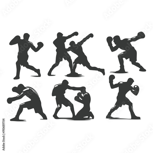 Man doing boxing moves exercise. Jab Cross Hook and Uppercut movement. Shadow boxing. Flat vector illustration isolated on white background, Boxing Silhouettes 